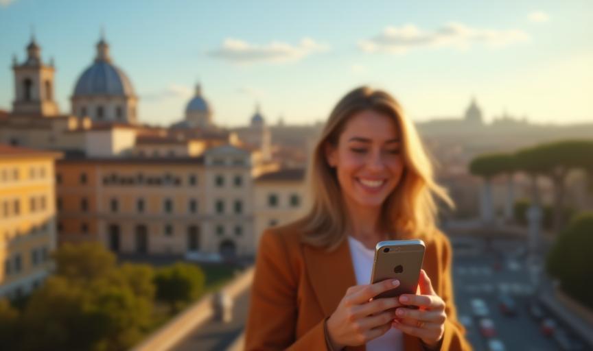 Woman streaming video on mobile phone with Rome skyline in background