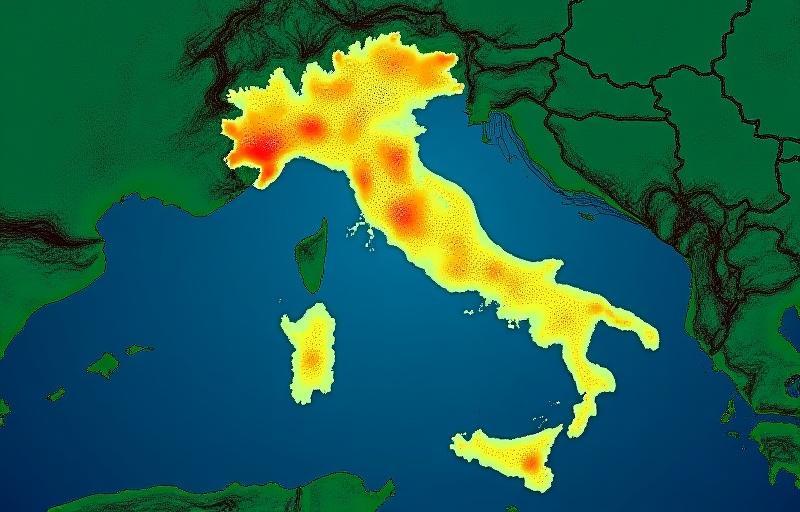 Coverage map of Italy highlighting strong network areas