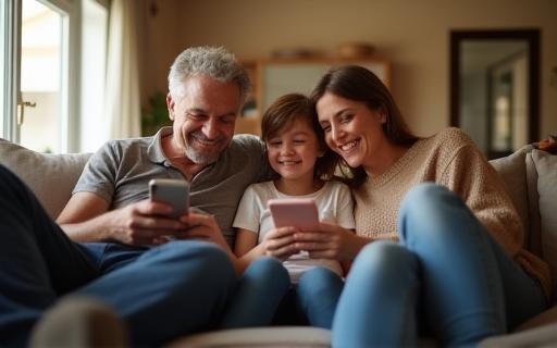 Happy family using mobile internet at home